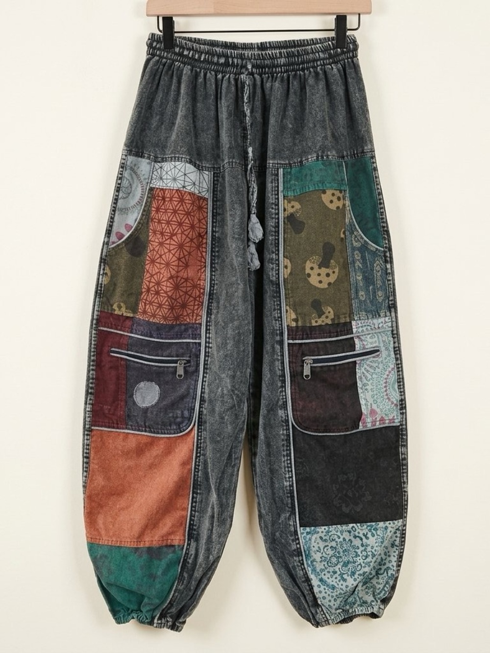 Boho Patchwork Harem Pants Stonewash Cotton Cargo Joggers Elastic Waist S/M